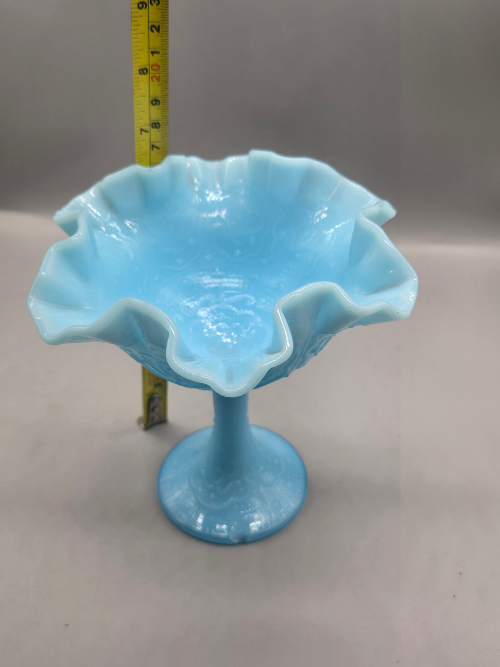 Fenton Blue Satin Glass Compote Pedestal Bowl – Ruffled Edge Candy Dish – Vintage Milk Glass