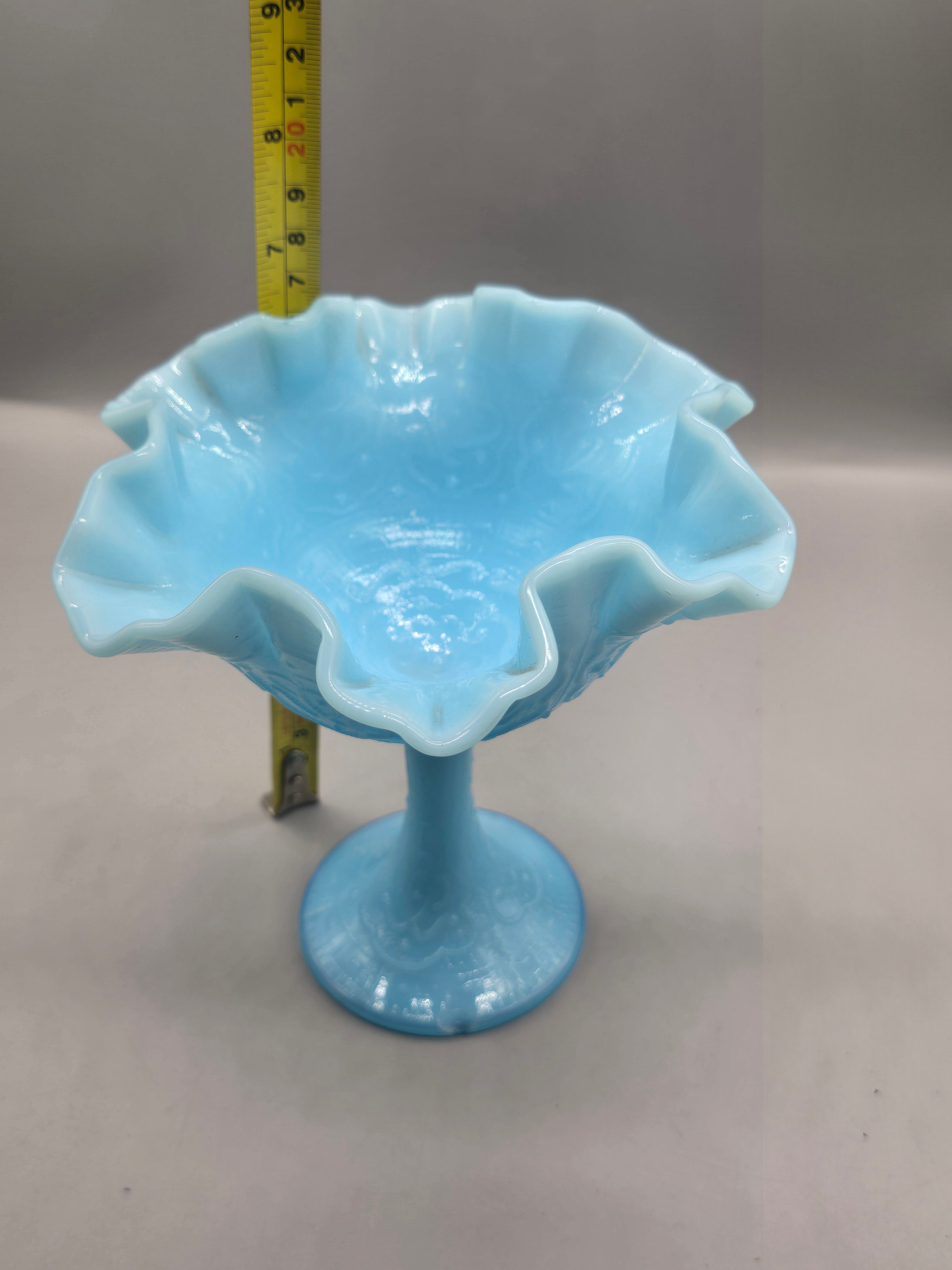 Fenton Blue Satin Glass Compote Pedestal Bowl – Ruffled Edge Candy Dish – Vintage Milk Glass