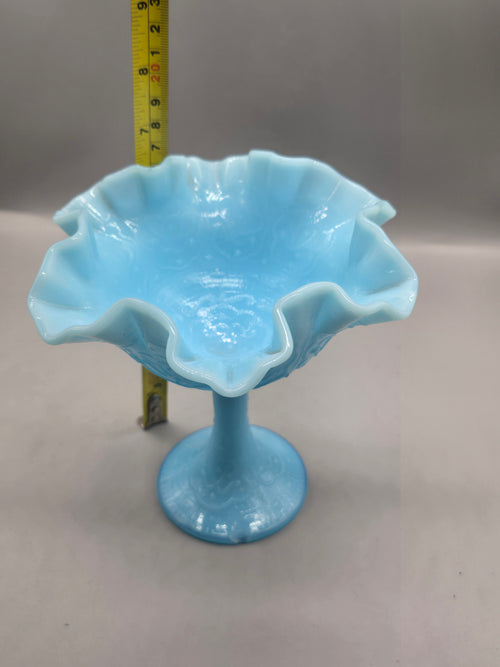 Fenton Blue Satin Glass Compote Pedestal Bowl – Ruffled Edge Candy Dish – Vintage Milk Glass