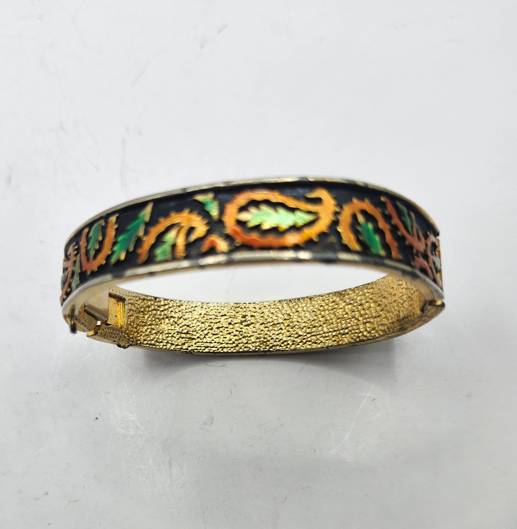 Vintage Hinged Cloisonne Enamel Bangle Bracelet Black Gold Paisley Design