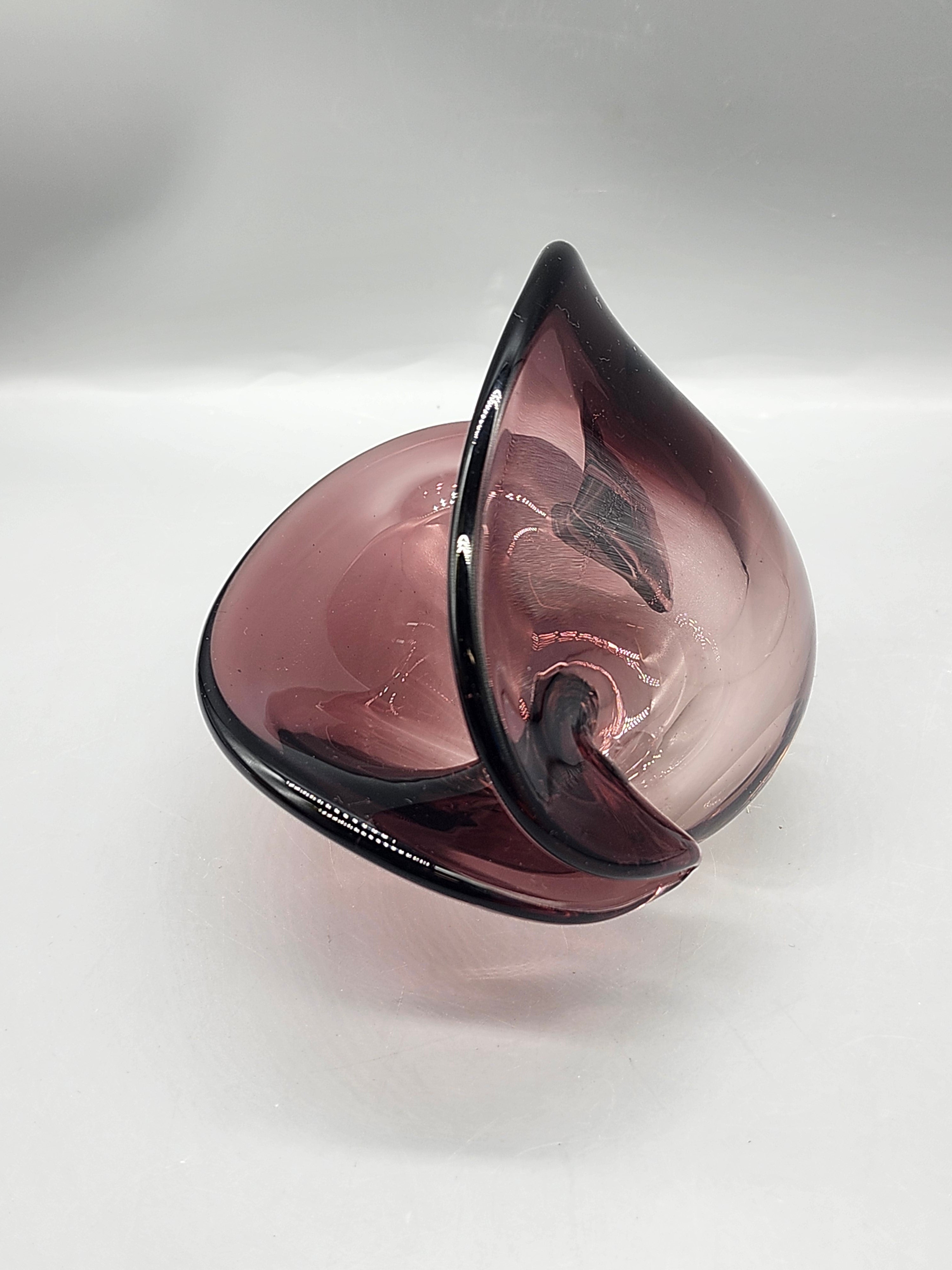 Vintage Amethyst Art Glass Clam Shell Bowl Purple Hand Blown Centerpiece