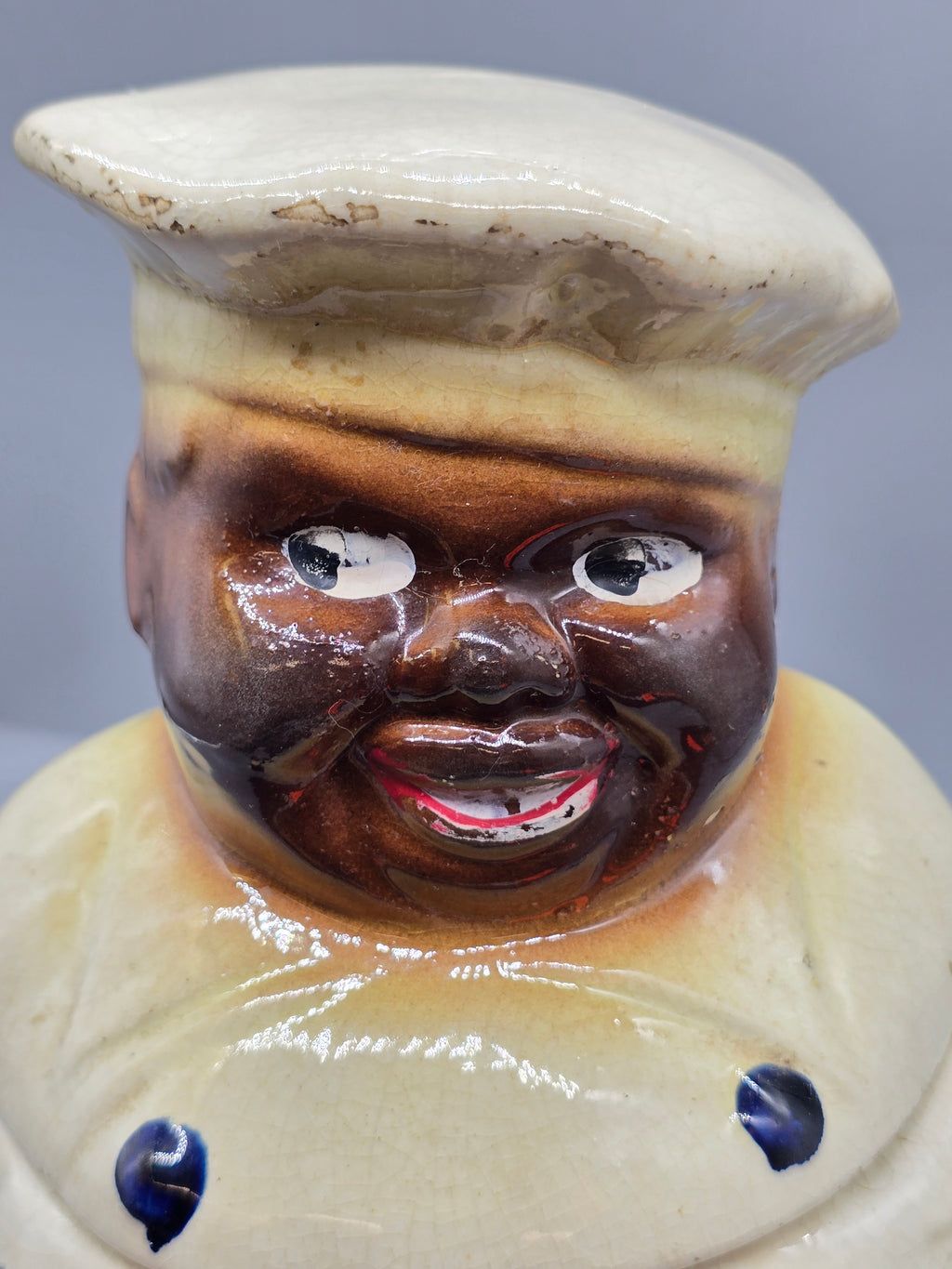 Vintage Black Americana Chef Cookie Jar Blue & White Pottery Ceramic w/ Lid
