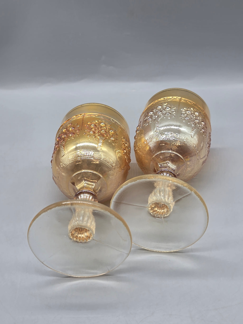 Set of 2 Vintage Indiana Glass Peach Luster Harvest Grape Water Goblets Stemmed Glasses