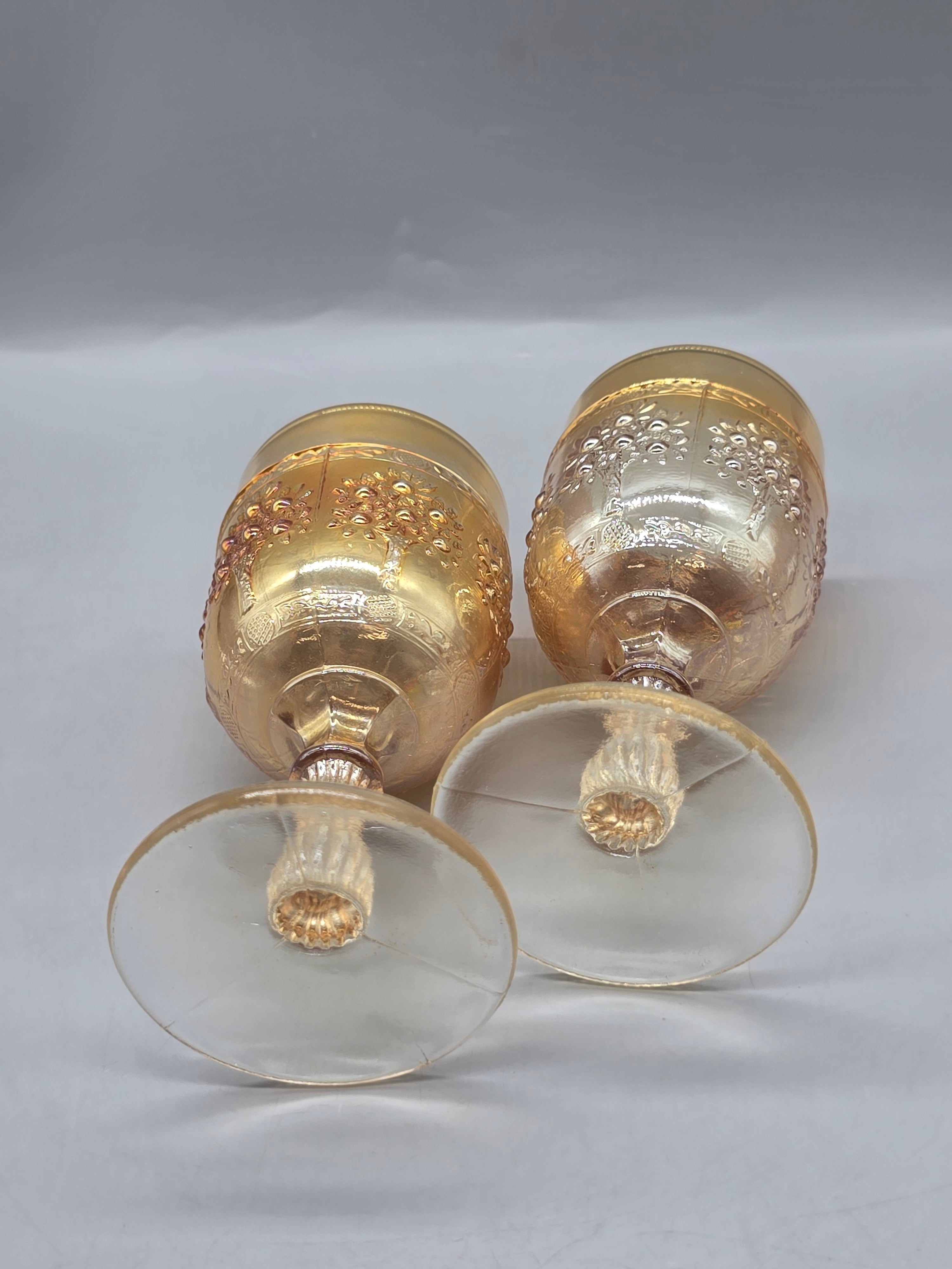 Set of 2 Vintage Indiana Glass Peach Luster Harvest Grape Water Goblets Stemmed Glasses