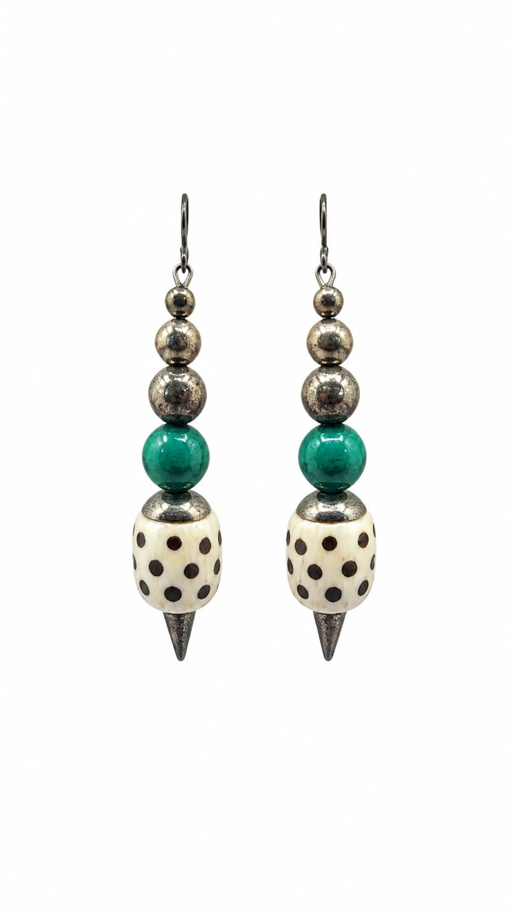 Vintage Southwestern Style Malachite Bead Spotted Bone Spike Dangle Earrings