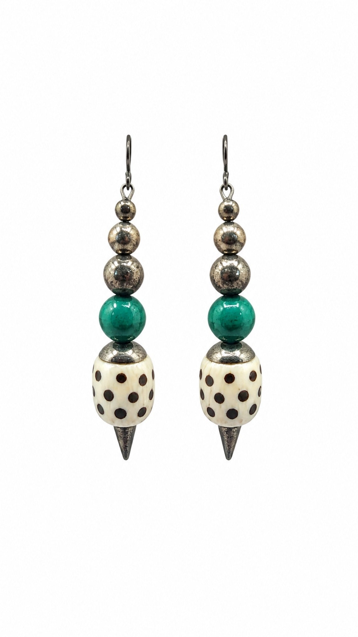 Vintage Southwestern Style Malachite Bead Spotted Bone Spike Dangle Earrings