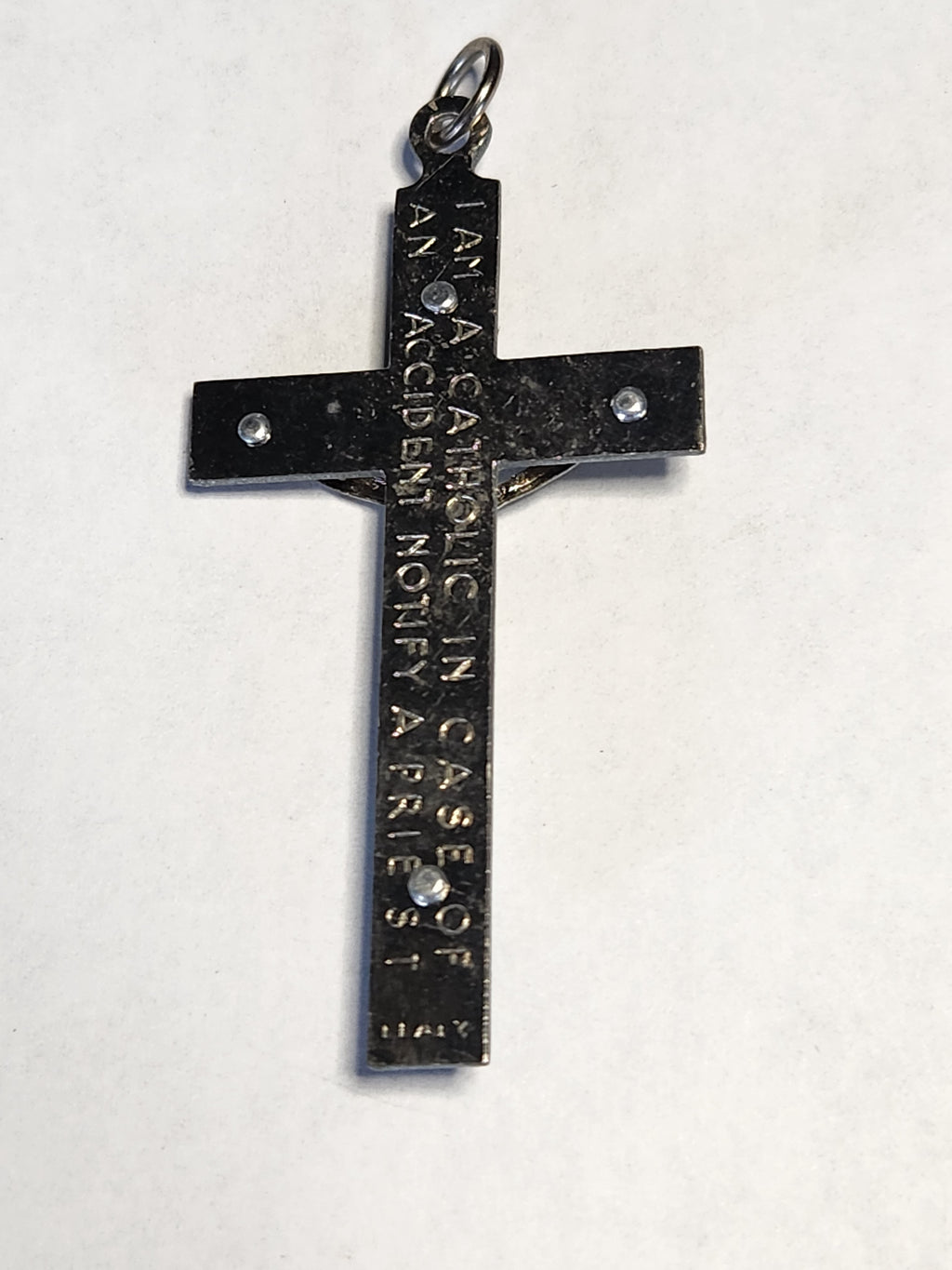 Vintage Italy Catholic Crucifix Cross Pendant Black Enamel Silver Tone