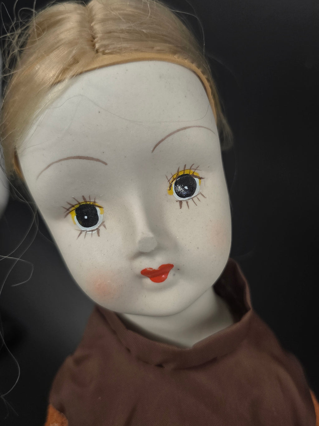 Vintage Porcelain Doll – Blonde Hair – Cloth Body – Brown Prairie Dress – Approx. 18"