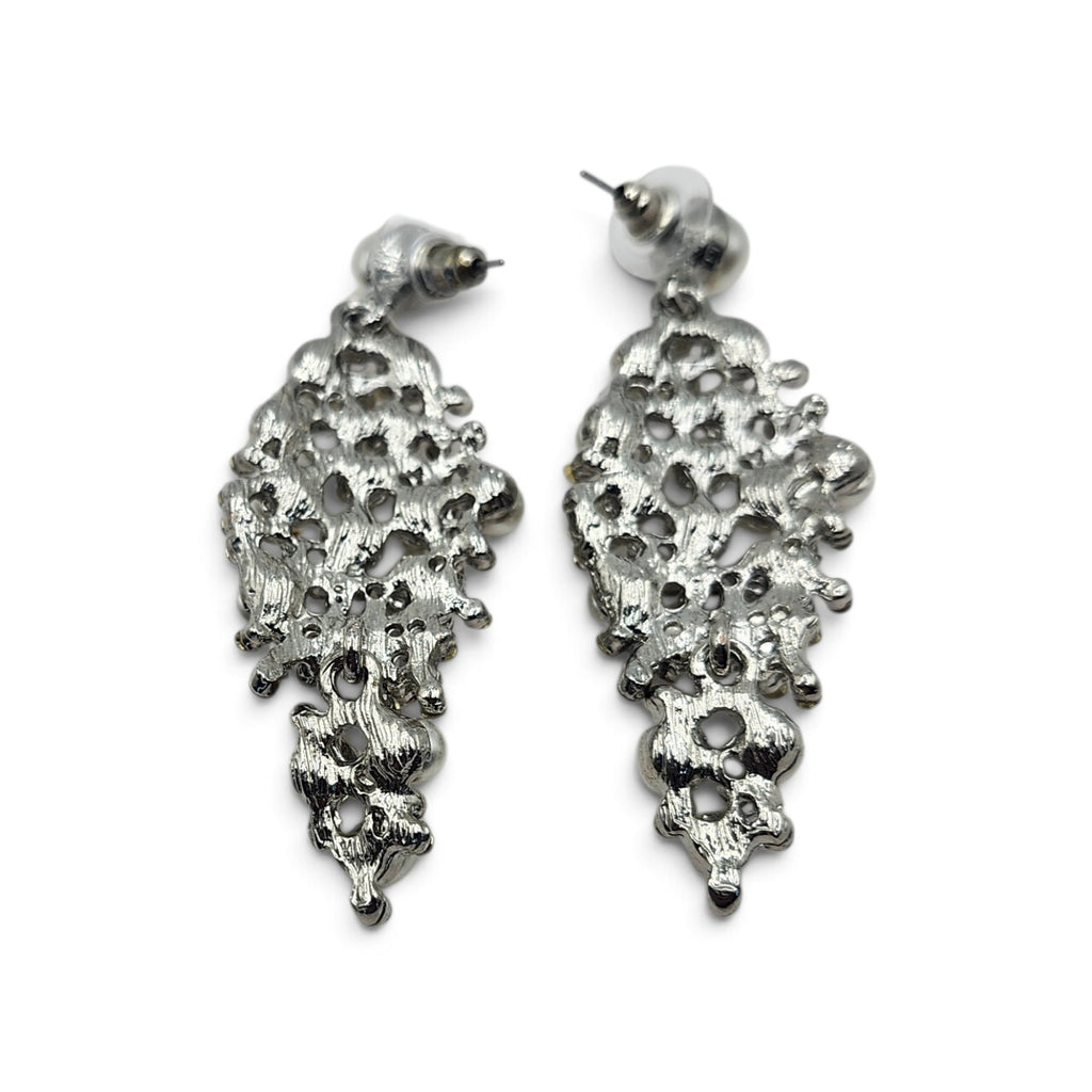 Vintage Faux Pearl & Rhinestone Statement Dangle Earrings Silver Tone