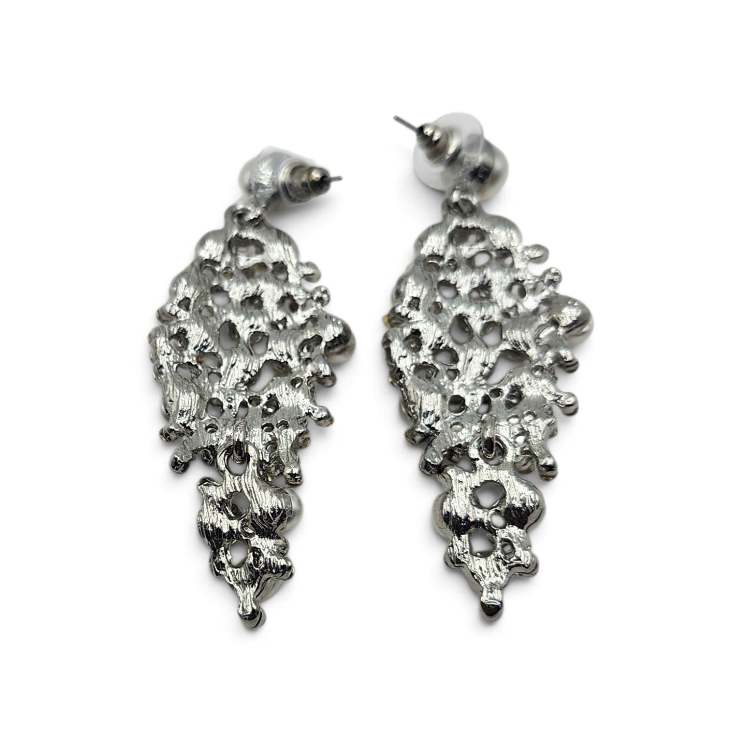 Vintage Faux Pearl & Rhinestone Statement Dangle Earrings Silver Tone
