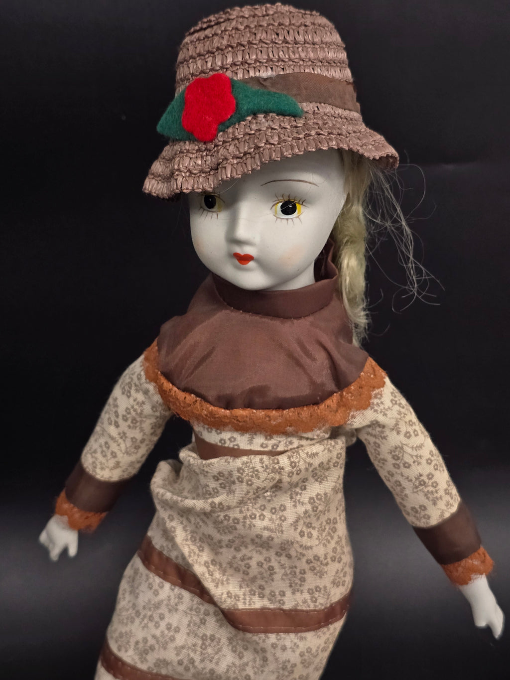 Vintage 18" Porcelain Head Doll Blonde Hair Brown Floral Dress Straw Hat Display Doll