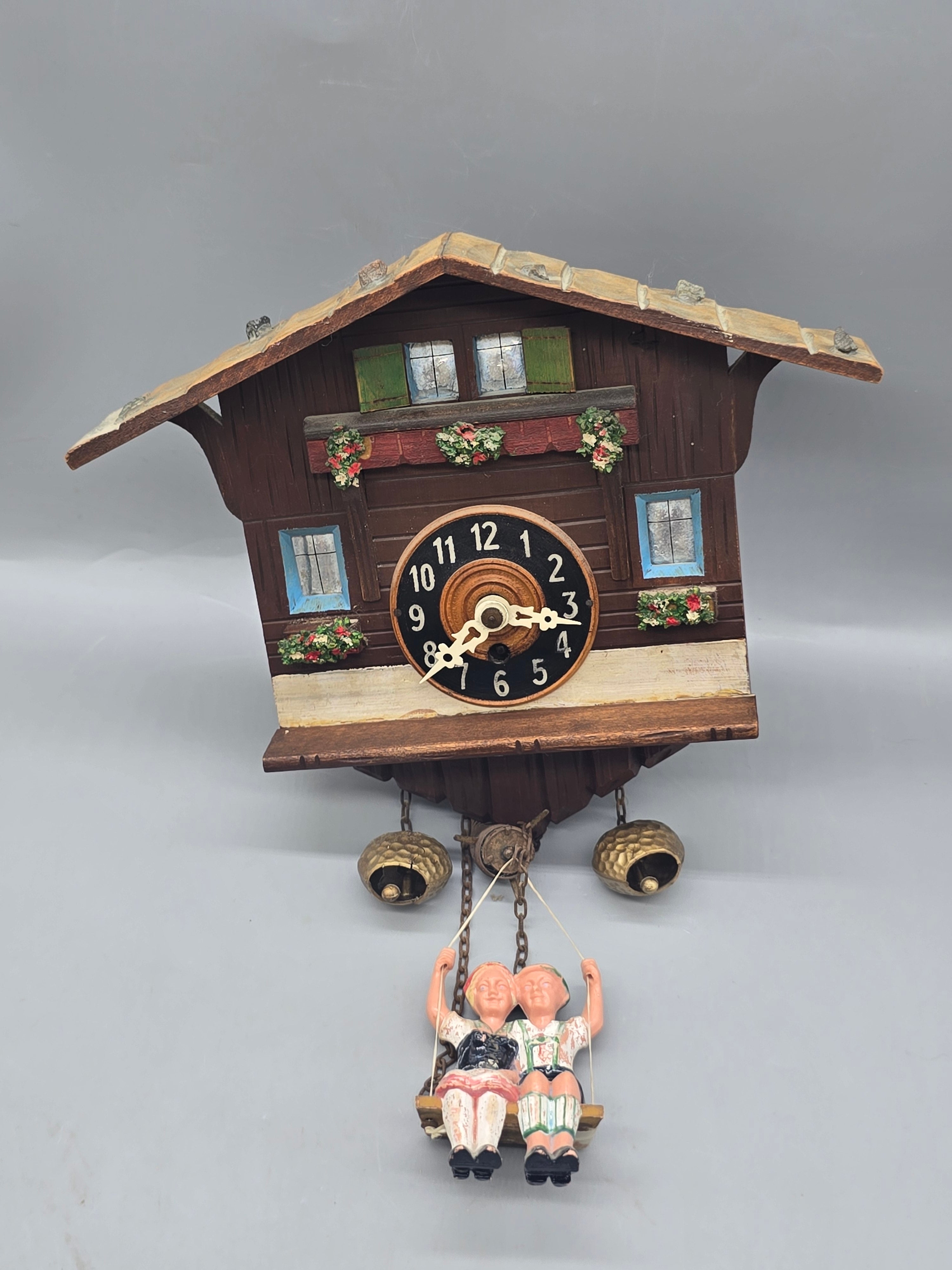 Rare Vintage German Black Forest Chalet Cuckoo Clock w/ Swinging Couple, Bells & Key – Untested