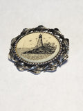 Vintage Lighthouse Scenic Cameo Brooch Silver Tone Leaf Frame Pin