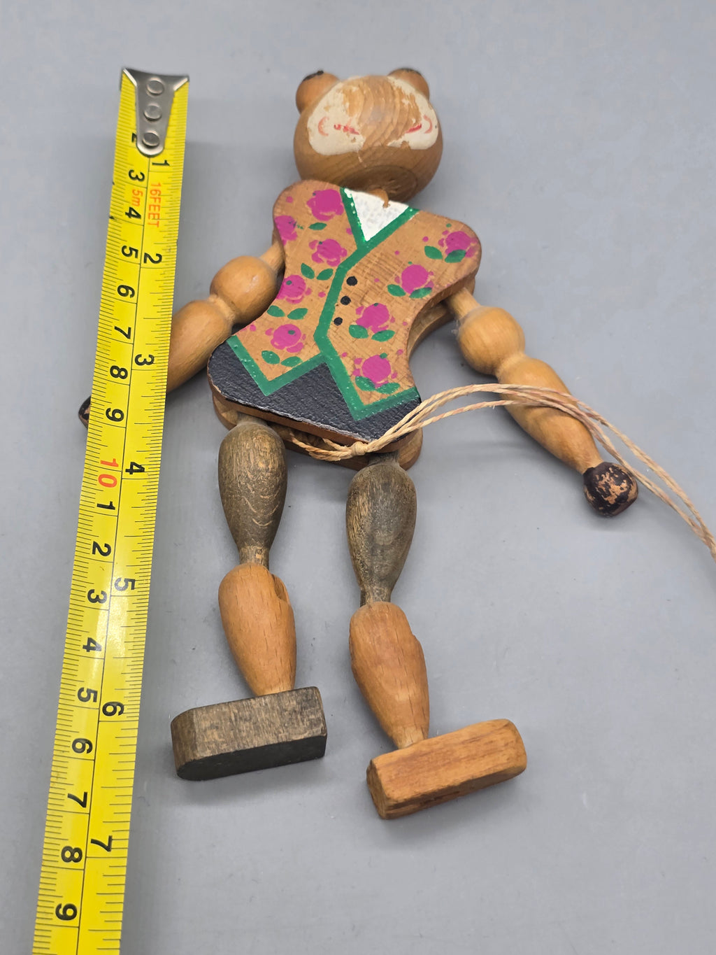 Vintage Wooden Jointed Pull String Bear Puppet Hand Painted Articulated Folk Art Toy 7"