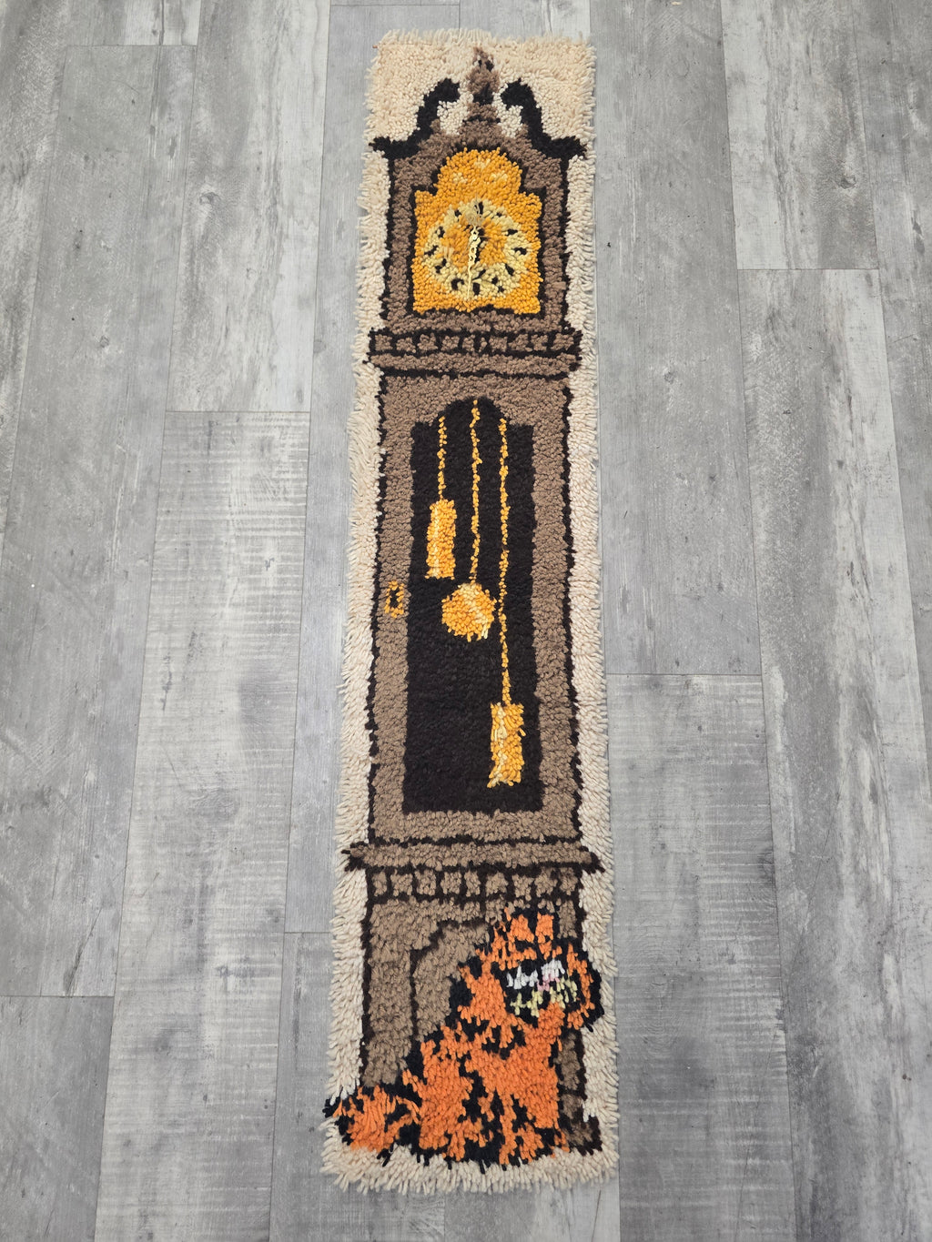 Vintage Hand Hooked Grandfather Clock Wall Hanging 54x12 Dog Latch Hook Folk Art Clock OOAK