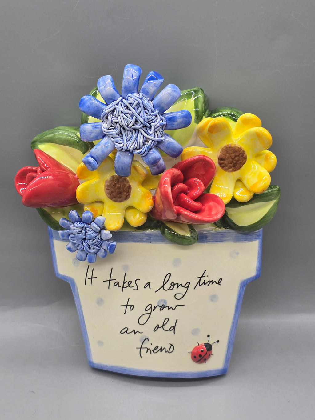 Marianne Richmond "It Takes a Long Time to Grow an Old Friend" Ceramic Wall Plaque – 3D Floral Art 2002